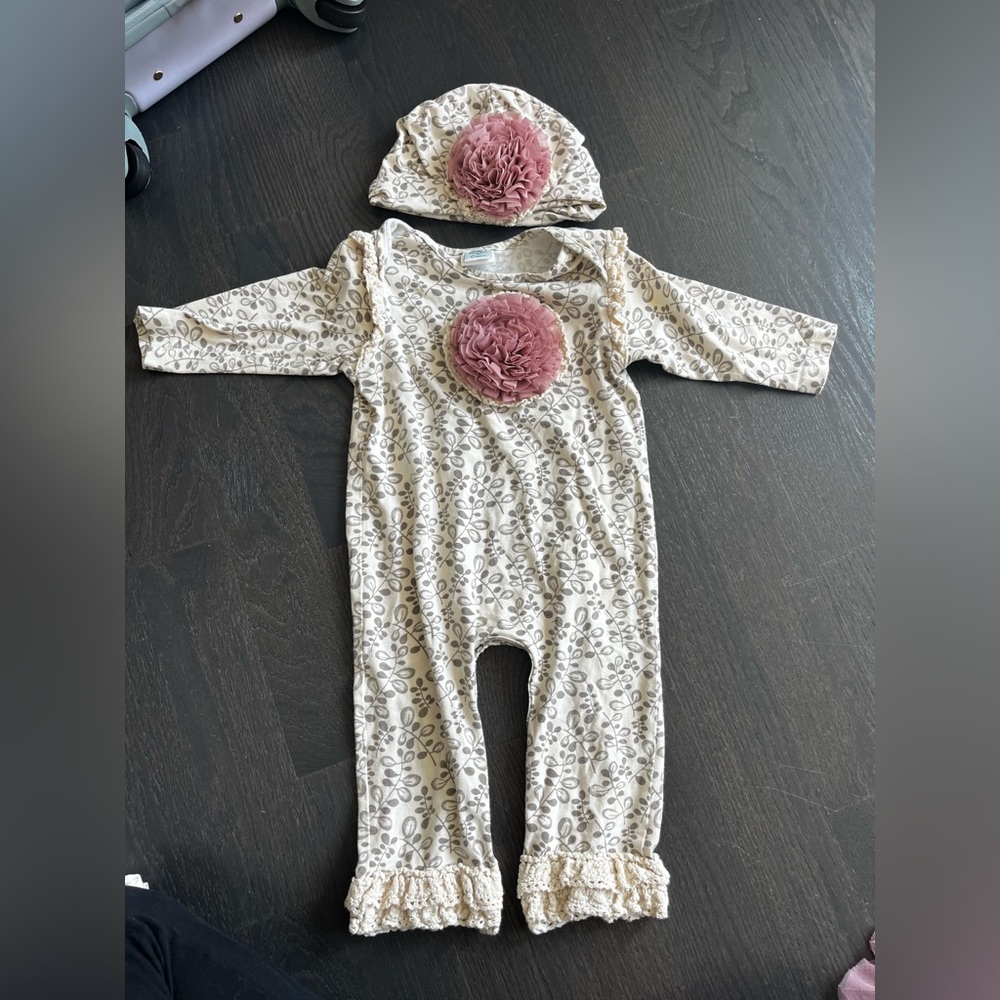 Peaches and cream, 24 month one piece with matching hat